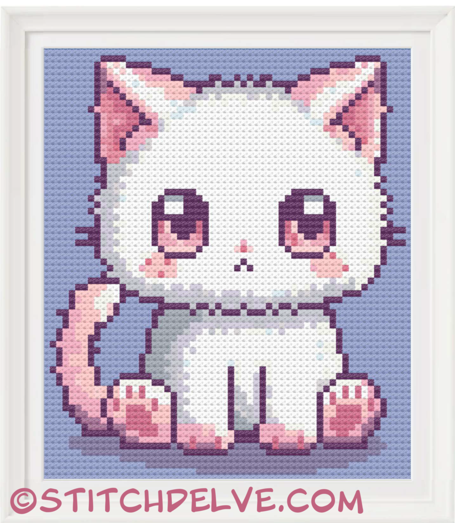 Kawaii White Kitten In Sitting Pose Cross Stitch Pattern